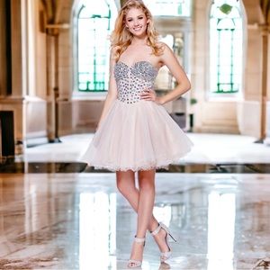 SM or XS Soft Pastel Nude Jewel Embellished Strapless Bodice Flirty Tulle Skirt